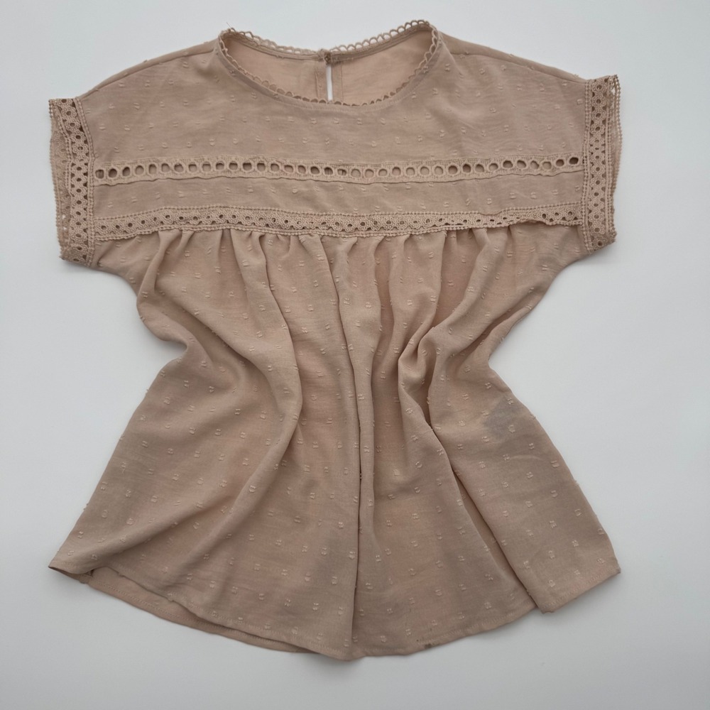 Emery Rose Womens Swiss Dot Crochet Lace Trim Babydoll Blouse Tan Beige Boho M